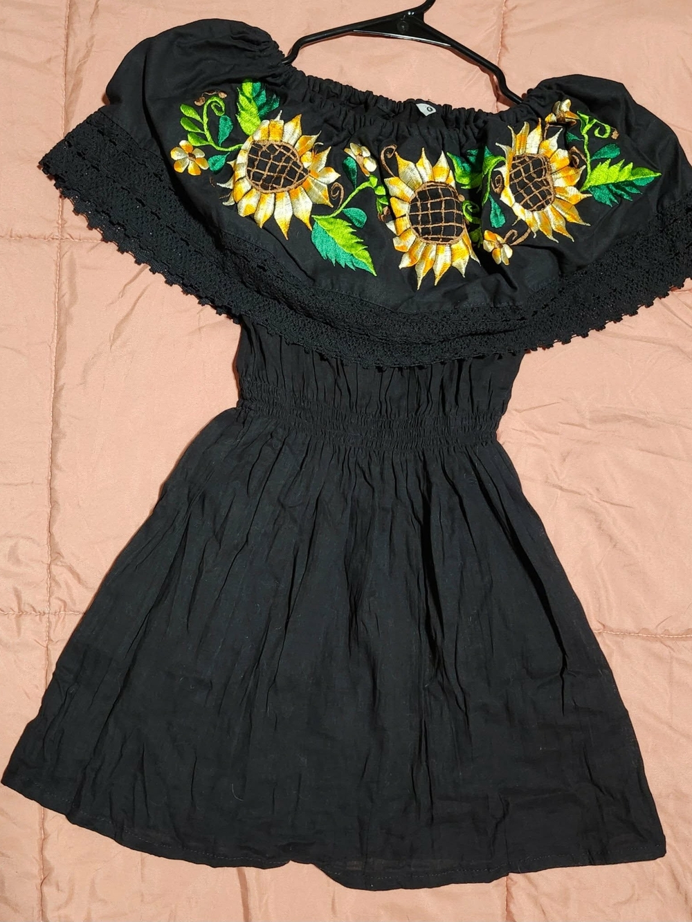 Black Off-Shoulder Sunflower Embroidered Peasant Blouse
